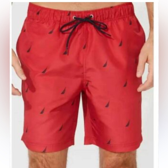 Nautica 8” quick dry sailboat print Swim Trunks shorts size medium maroon blue - Picture 1 of 7